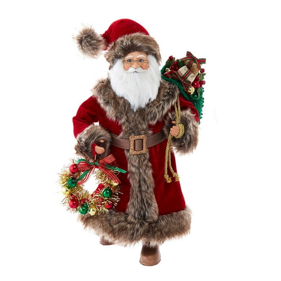 Kurt Adler 17-Inch Red Santa with Gray Fur Wreath/Bag