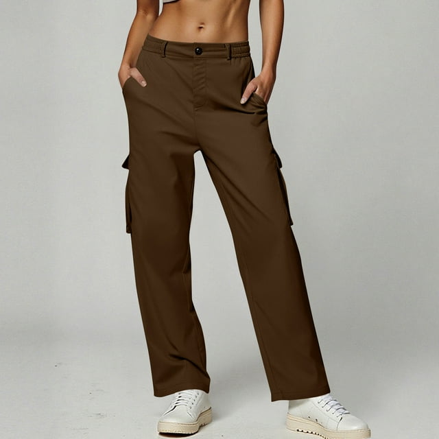 Leodye Pantalon Droit pour Femmes, Pantalon d'Affaires Décontracté Extensible, Pantalon de Travail Boutonné avec Poches Marron TTG(TTG)