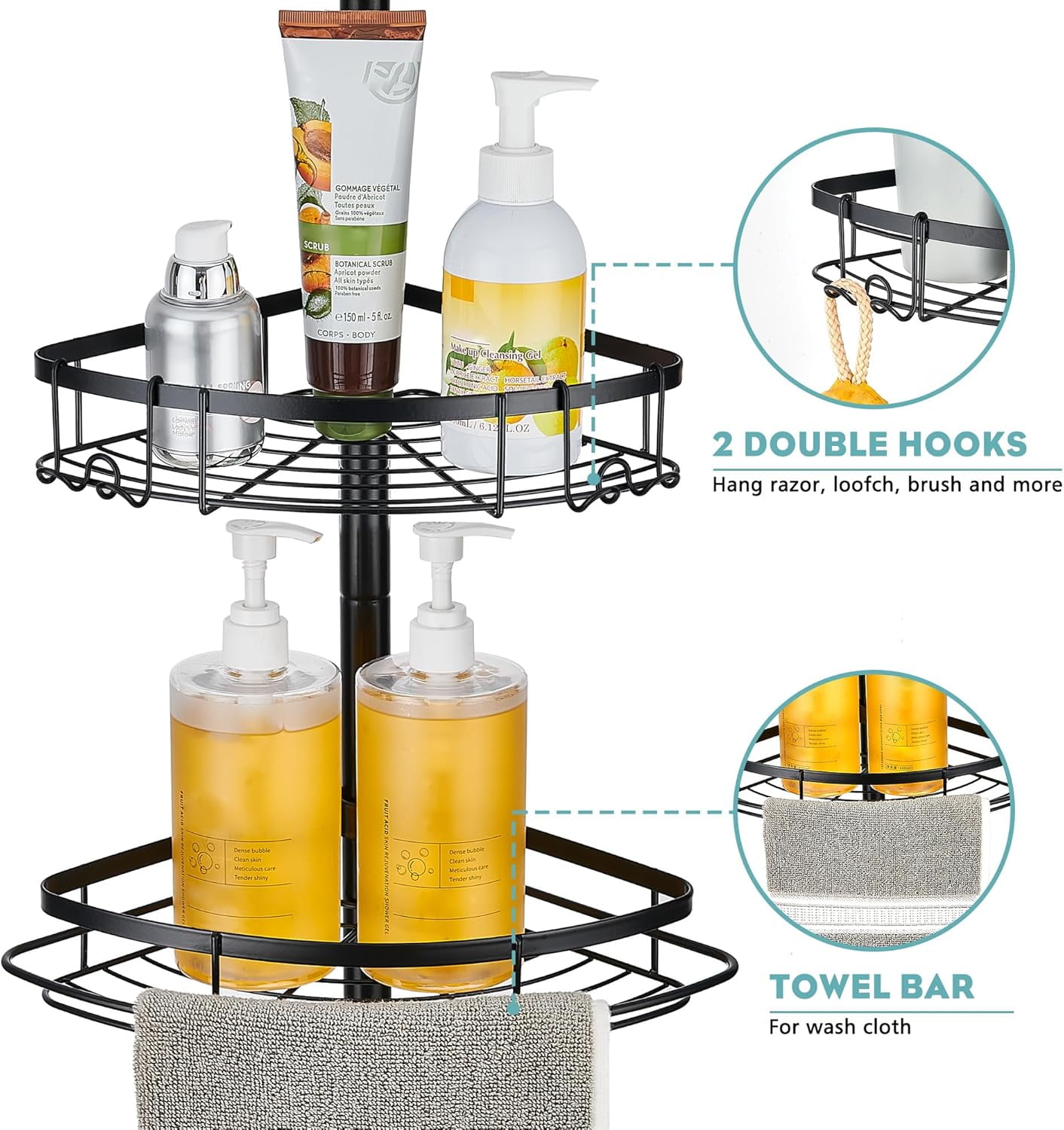 Black Shower Caddy Corner Organizer for Bathroom, Stainless Steel Tension Pole Corner Shelf Shower Caddy Stand for Bathtub Shampoo Storage, 4 Tier Adjustable Shelves, 28.7 to 104.7 Inches