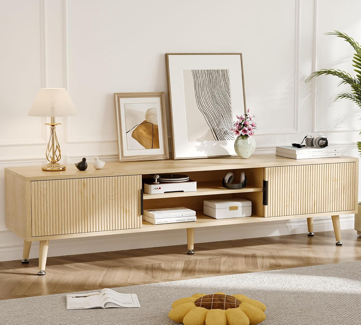 PulseFay Mid Century TV Stand, Modern TV Console for TVs up to 70 Inches, Entertainment Center with Storage, TV and Media Consol, (Natural Oak)