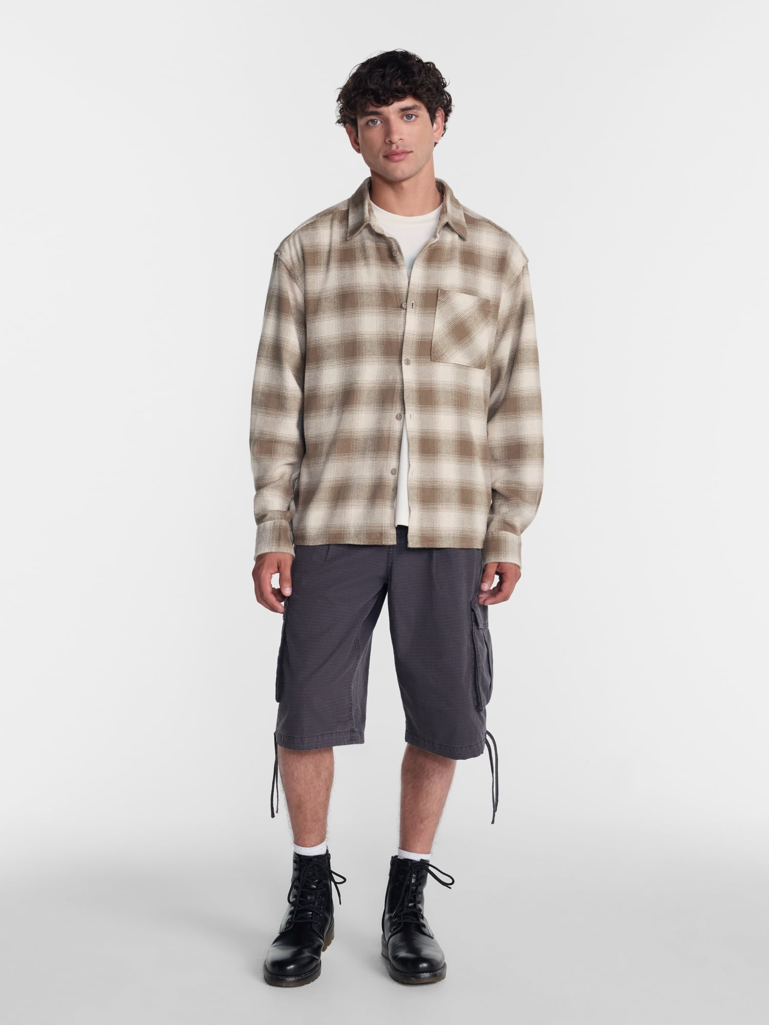 No Boundaries Boxy Cotton Plaid Flannel with Long Sleeves, Men's and Big Men's XS-4XLT