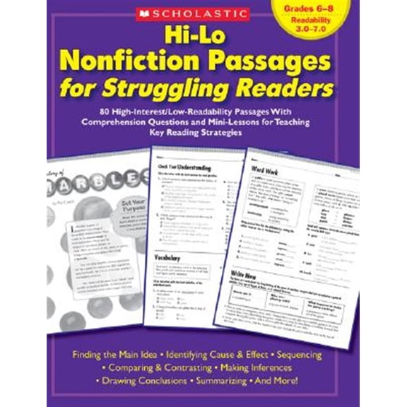 Pre-Owned Hi-Lo Nonfiction Passages for Struggling Readers: Grades 6-8: 80 High-Interest/Low-Readability Passages with Comprehension Questions and Mini-Lessons for Teaching Key Reading Paperback