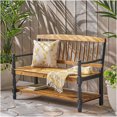 thumbnail image 4 of COSMOS Teak Finish Farmhouse Bench with Storage Shelf, Solid Acacia Wood Entryway Seating, 4 of 10