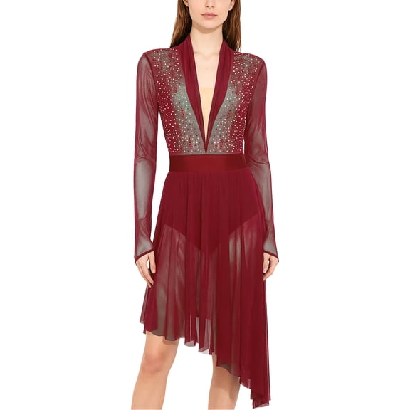 Sholeno Womens Rhinestones Lyrical Dance Dress Long Sleeve Mesh Ruffled V-Neck Skating Dancing Show Dresses Burgundy XL