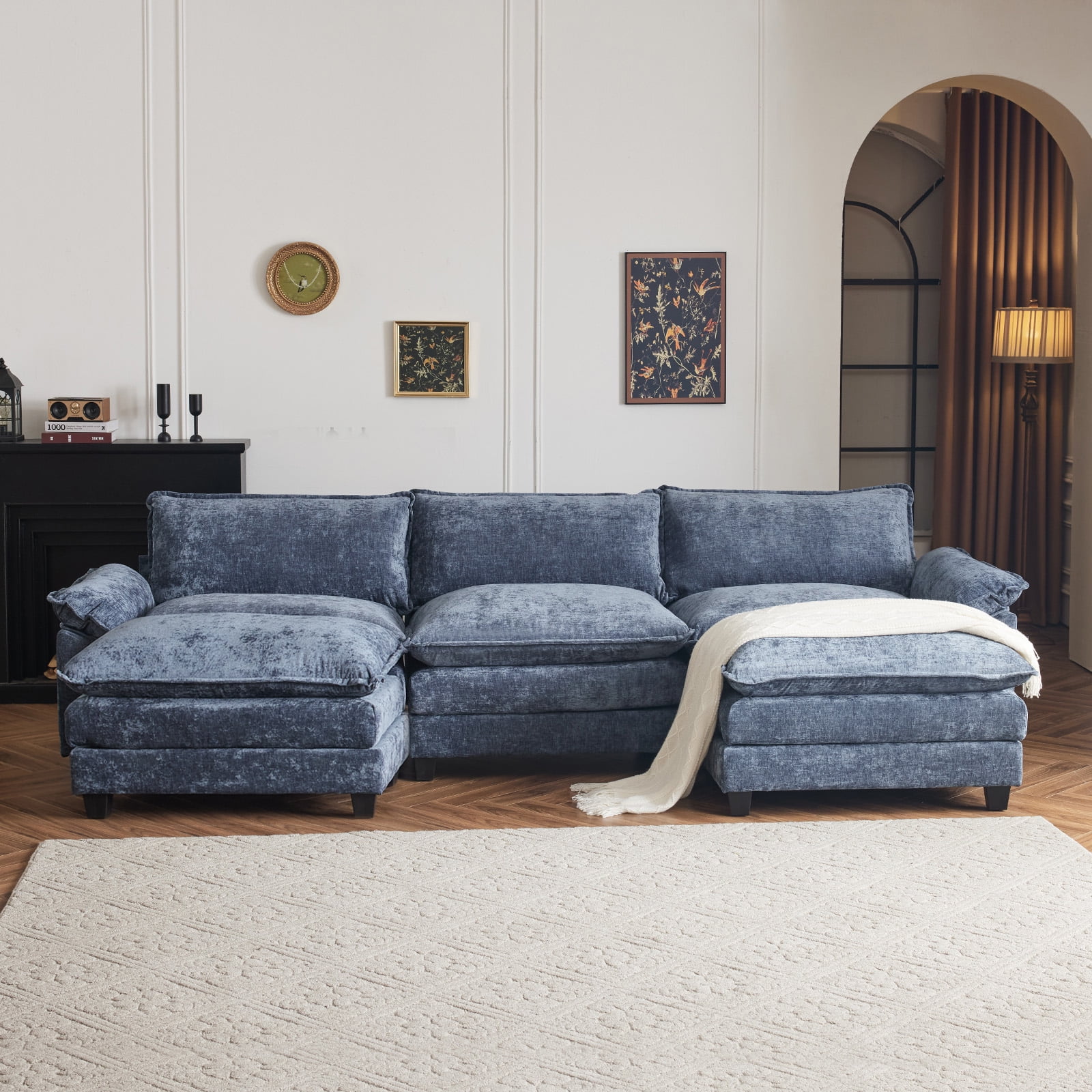 Ktaxon 120" W Sectional Sofa U Shaped Couch with Double Chaise Chenille Sleeper Set with 3 Oversized Seats Gray-Blue