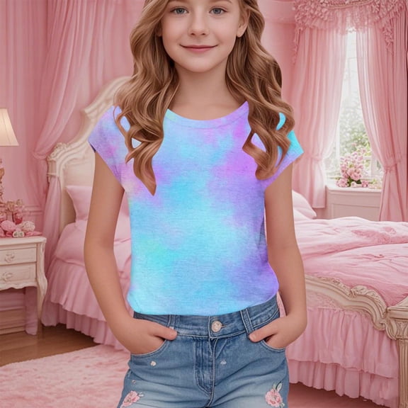 BRGZLK Summer Tops for Kids 2025 Spring Summer Fashion Tie-Dye Printed Tops Children's Round Neck Short Sleeve School Blouse T-Shirt Blue 7-8 Years