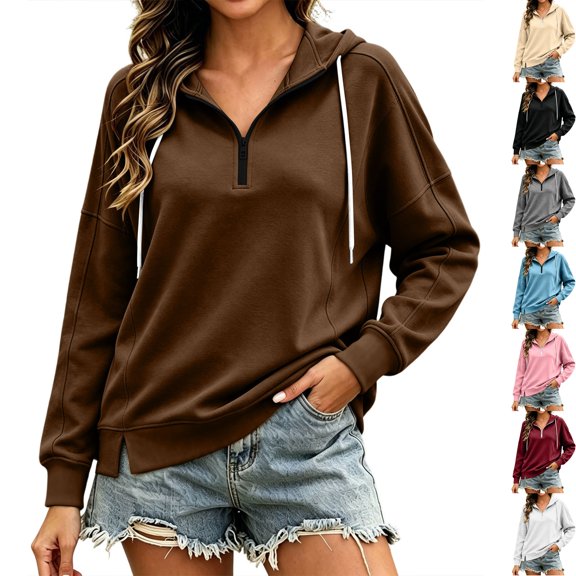 Womens Fleece Lined Long Sleeve Oversized Sweatshirt 1/4 Zip Drawstring Hooded Slouchy Side Split Hem Pullover Cozy Lounge Fall Fashion, Brown, XL
