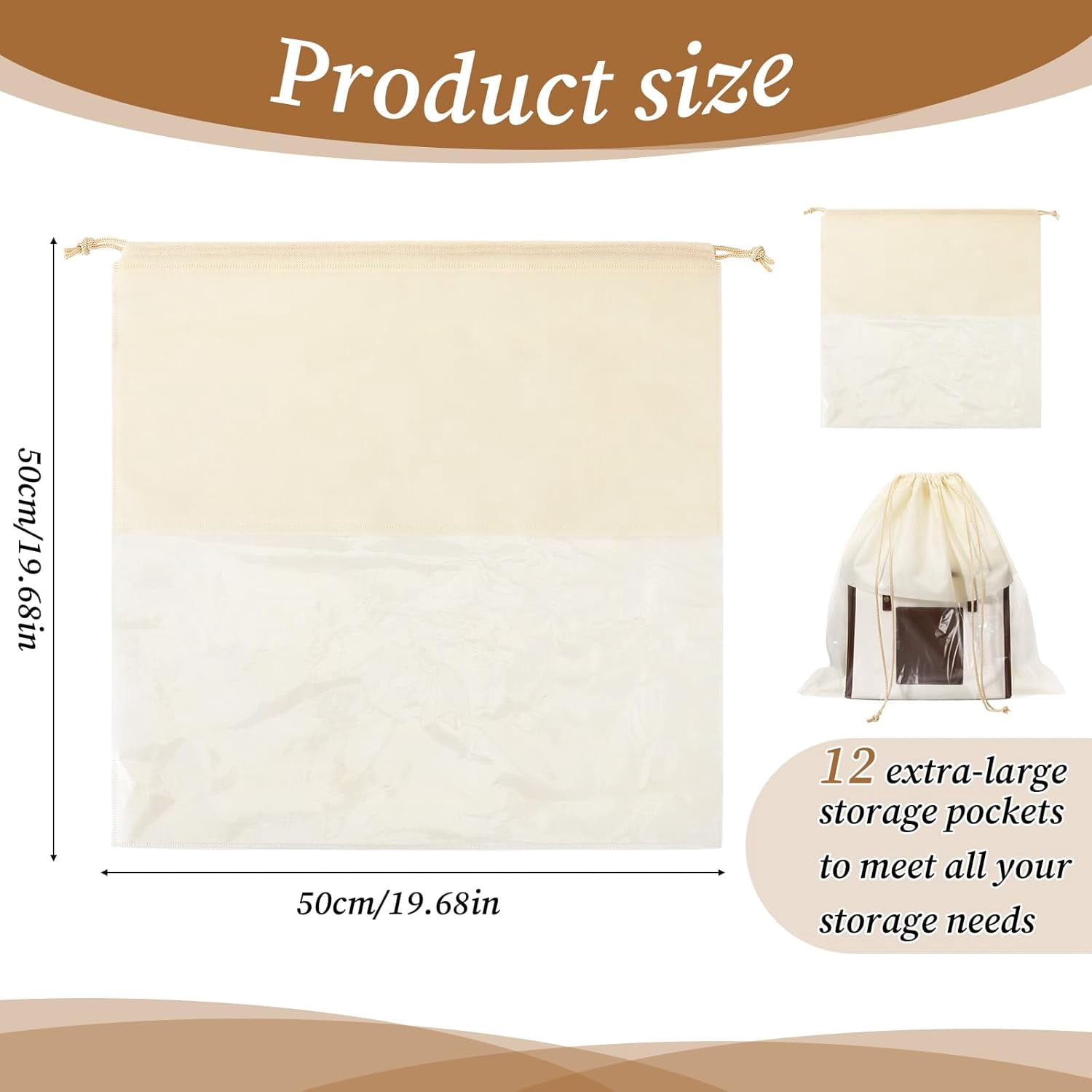 12 Pcs Handbag Organizer Bags with See-Through Window, Large Drawstring Dustproof Shoe Storage Bags Non-Woven Fabric Cloth Organizer Pouch for Handbags, Purses, Clothes, Blankets