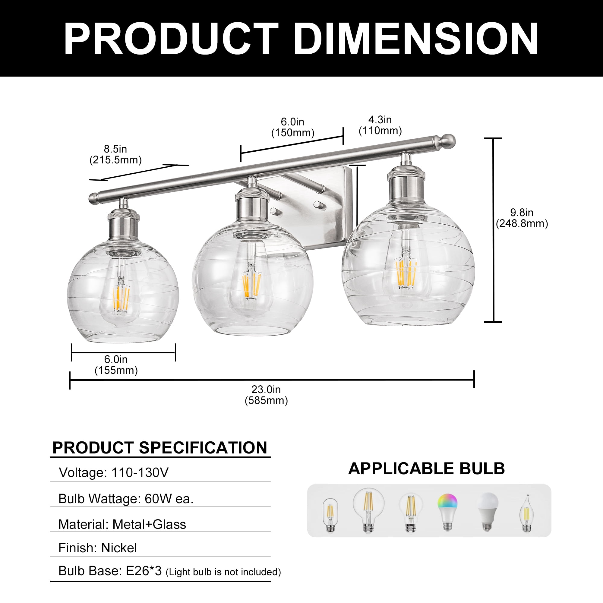YANSUN 23 in 3-Light Nickel Vanity Light with Clear Glass Globes for Bathroom Mirror, Makeup Vanity, Dressing Room (Bulbs Not Included)