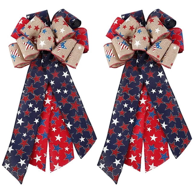 Nœuds Patriotiques Rouges et Bleus pour la Fête de l'Indépendance 2 Paquets 11x23 Pouces Étoiles du Drapeau Américain du 4 Juillet pour Couronnes Intérieures et Extérieures Décorations d'Arc (Noeuds Patriotiques-3)