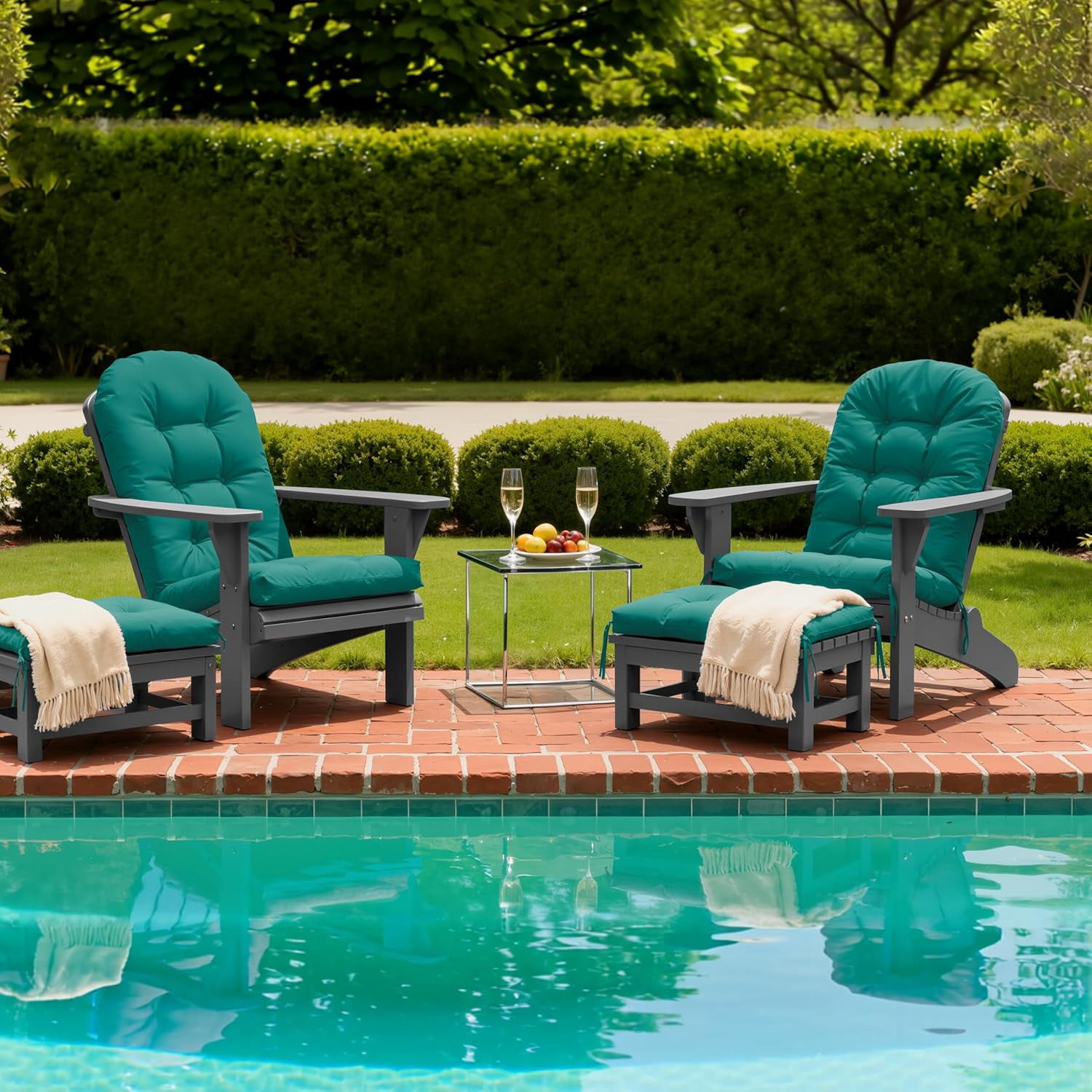 2PCS Outdoor Adirondack Chair Cushions, 44x19x4 inch Waterproof Rocking Chair Cushion with 17x19 Ottoman Cushion, Fade & Stain Resistant, Non-Slip Ties for Patio, Garden, Backyard