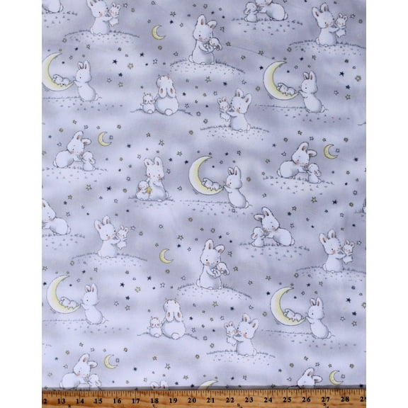 Flannel Bunnies and Little Ones With Moons Baby Animals Kids Children's Bunnies by the Bay Cotton Flannel Fabric Print by the Yard (BUNNIES-CF6453-GREY) by Timeless Treasures