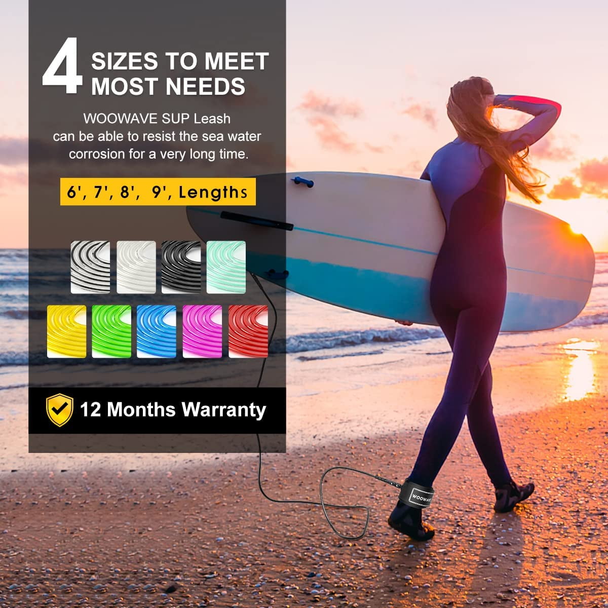 WOOWAVE Cima Surf Leash Premium Dritta 7mm - 8ft Bianca, Cavigliera In Neoprene A Sgancio Rapido, Doppia Girella Antigroviglio, Per Tavole Da Surf E SUP