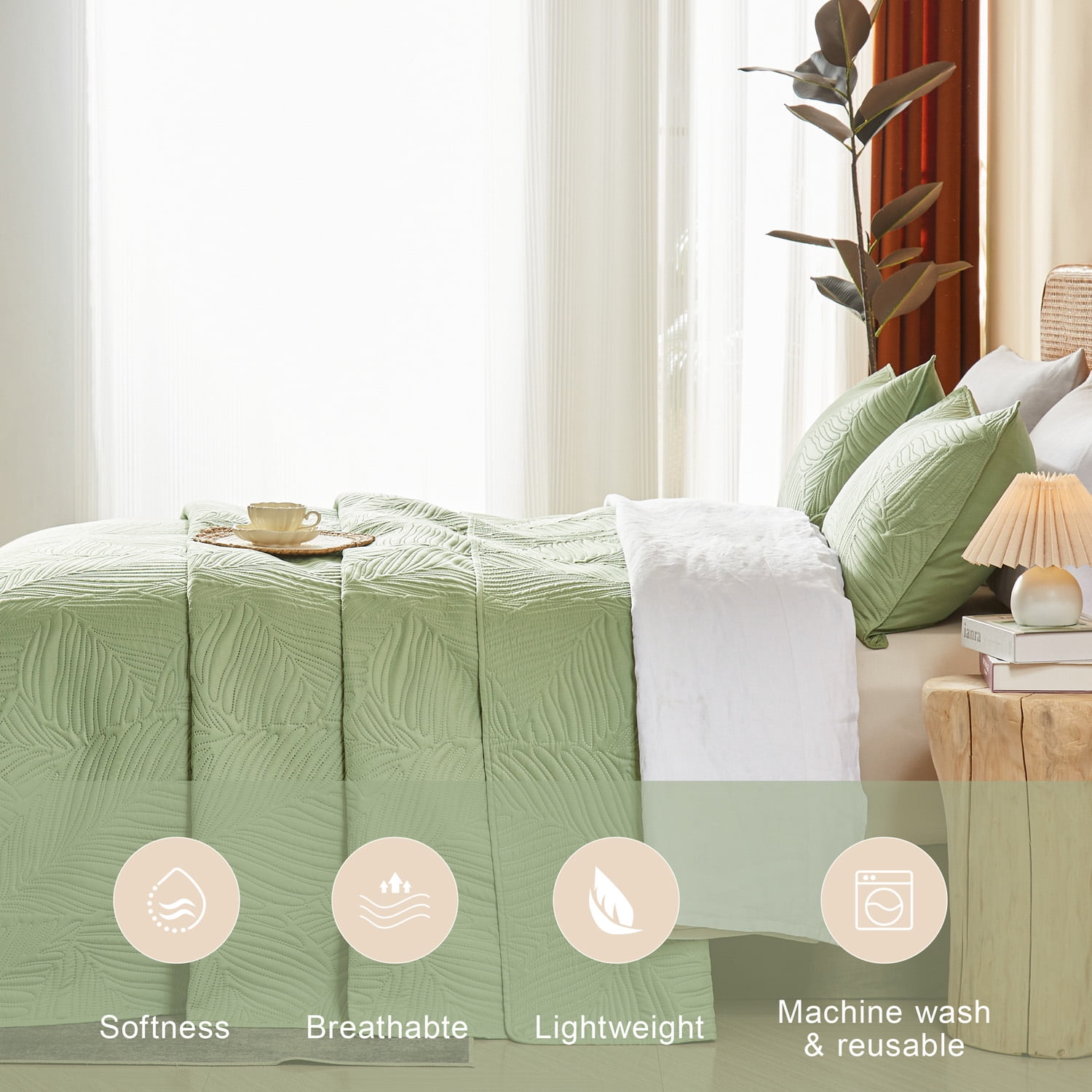 Davulos 3 Pieces Queen Quilt Bedding Set Soft Lightweight Sage Green Bedspread with Leaf Pattern,Microfiber Bed Coverlet Full Size for All Season(1 Quilt, 2 Shams)