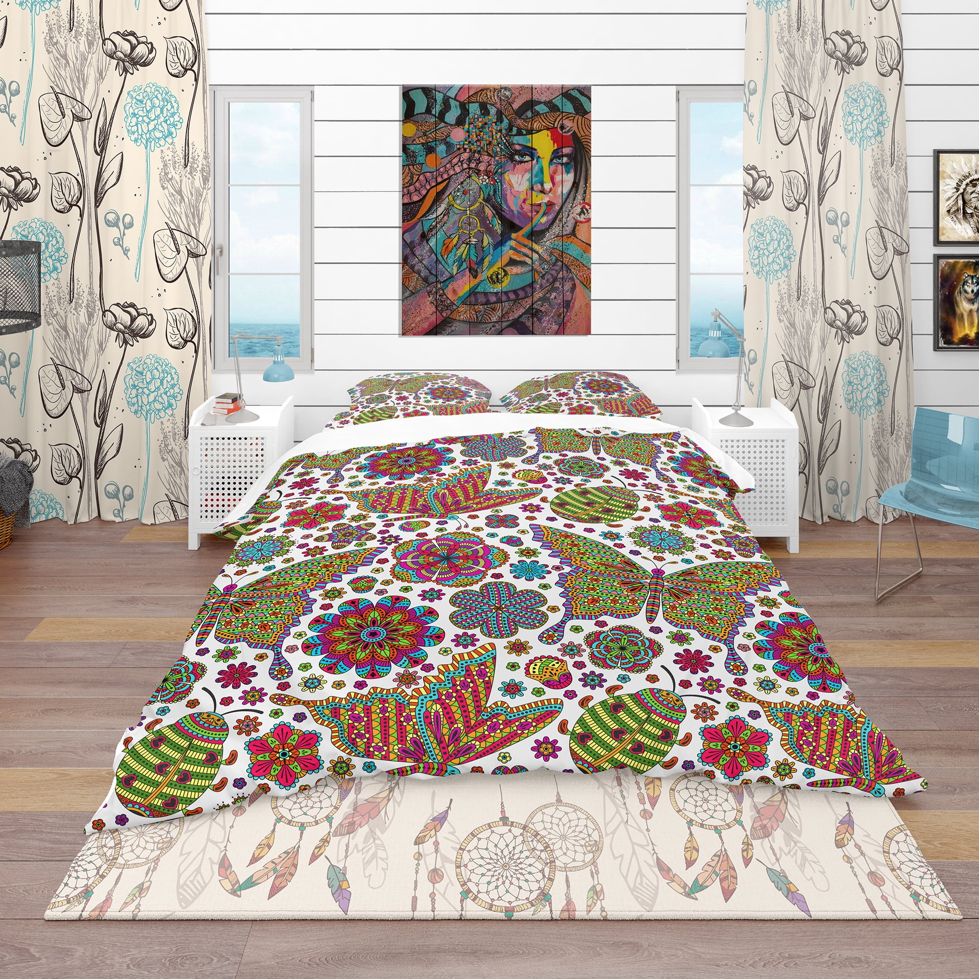 Designart 'Pattern with Flowers & Butterflies' Modern & Contemporary Duvet Cover Set