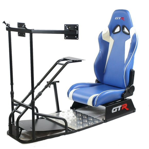 GTR Simulator GTSF Model Racing Simulator Cockpit Black Frame with Blue/White Seat