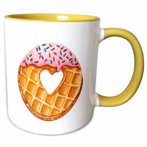 3drose, Cute Valentine Pink Frosted Waffle Illustration, 15oz Two-tone Yellow Mug