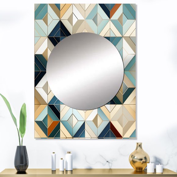 Designart "Time-Worn Charm In Beige Vintage Tiles" Geometric Mirror Wall Decor - Modern Teal Geometric Mirror Wall Art For Bathroom - 40" x 30" Inch