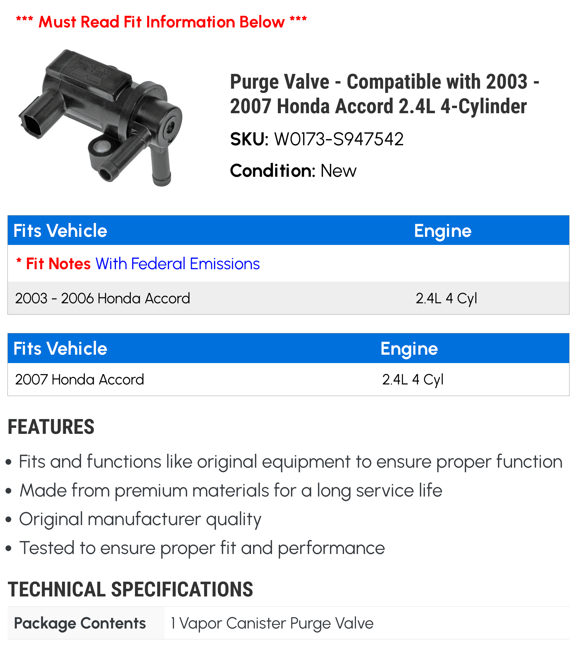 Purge Valve - Compatible with 2003 - 2007 Honda Accord 2.4L 4-Cylinder 2004 2005 2006