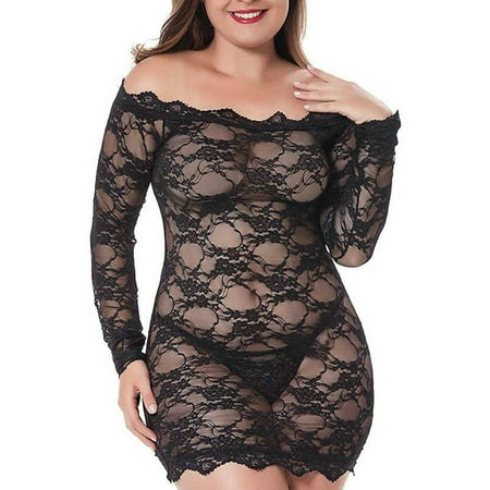 

JustVH Women Plus Size Pajamas Floral Lace Off-the-shoulder See-through Onesie Sexy Lingerie