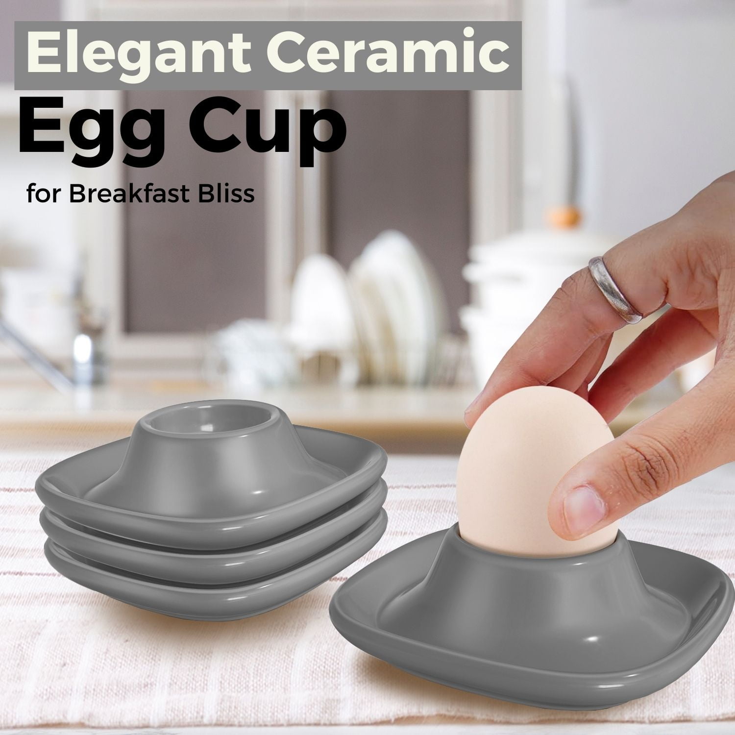 Ceramic Egg Cups Set of 6 Half Dozen Pack, Porcelain Hard Soft Boiled Egg Holder Keeper Container with Base, Stackable Serving Dish Plate Stand Serveware for Countertop Display Kitchen Home (Gray)
