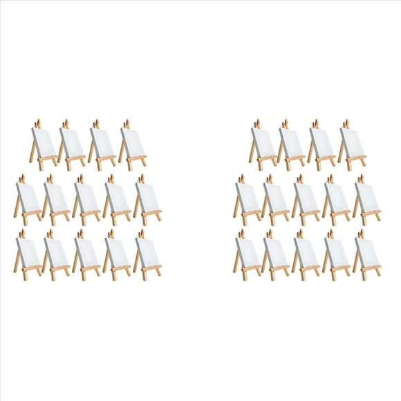 Ensemble de 28 Pcs Mini Toile et Chevalet Pinceau, Pouces de Toile, Toile Extensible, Kit de Peinture Mini, Fête de Peinture pour Enfants, 28 x Toiles 28 x Chevalets, Bois&Blanc