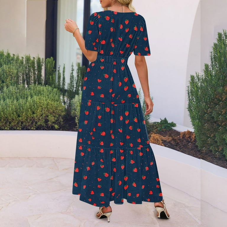 Women Dresses for Special Occasions Summer Trendy Print Short Sleeve V-Neck  Pleated Long Maxi Dresses Elastic Waist Boho Beach Dress Pockets Ladies  Skirt Party Elegant UK Prom - Walmart.com