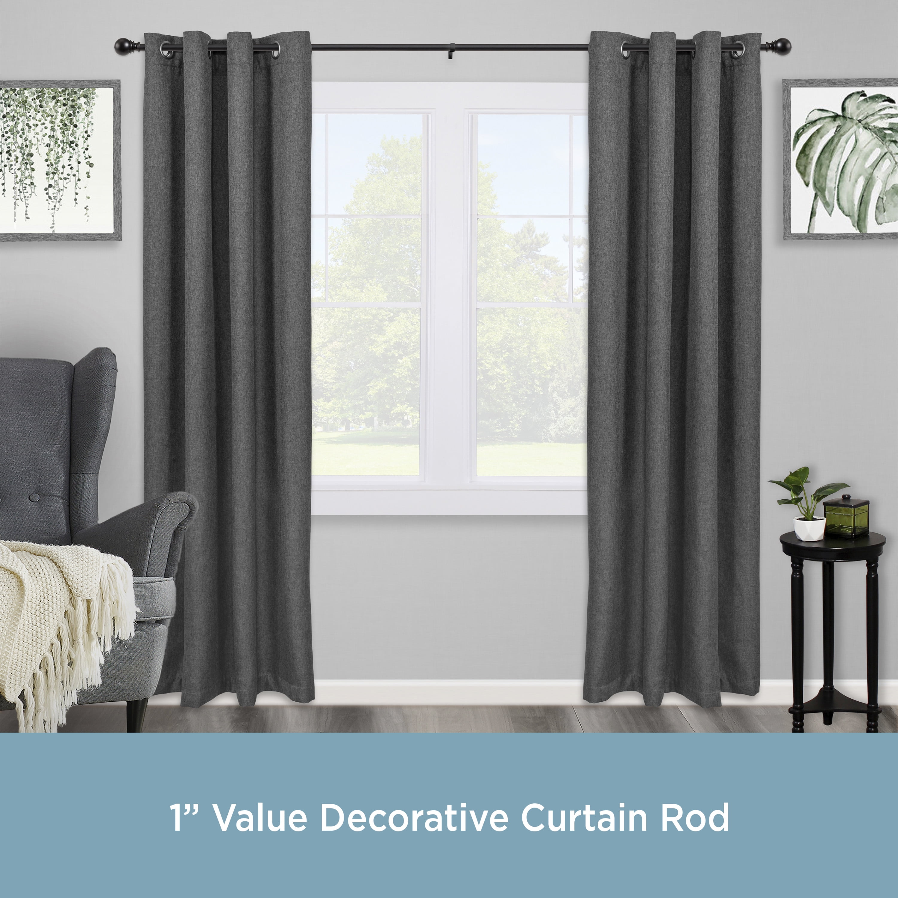 Kenney Layla Decorative Steel Adjustable Window Curtain Rod, 30-84 Inch, Black, 1 Inch Diameter