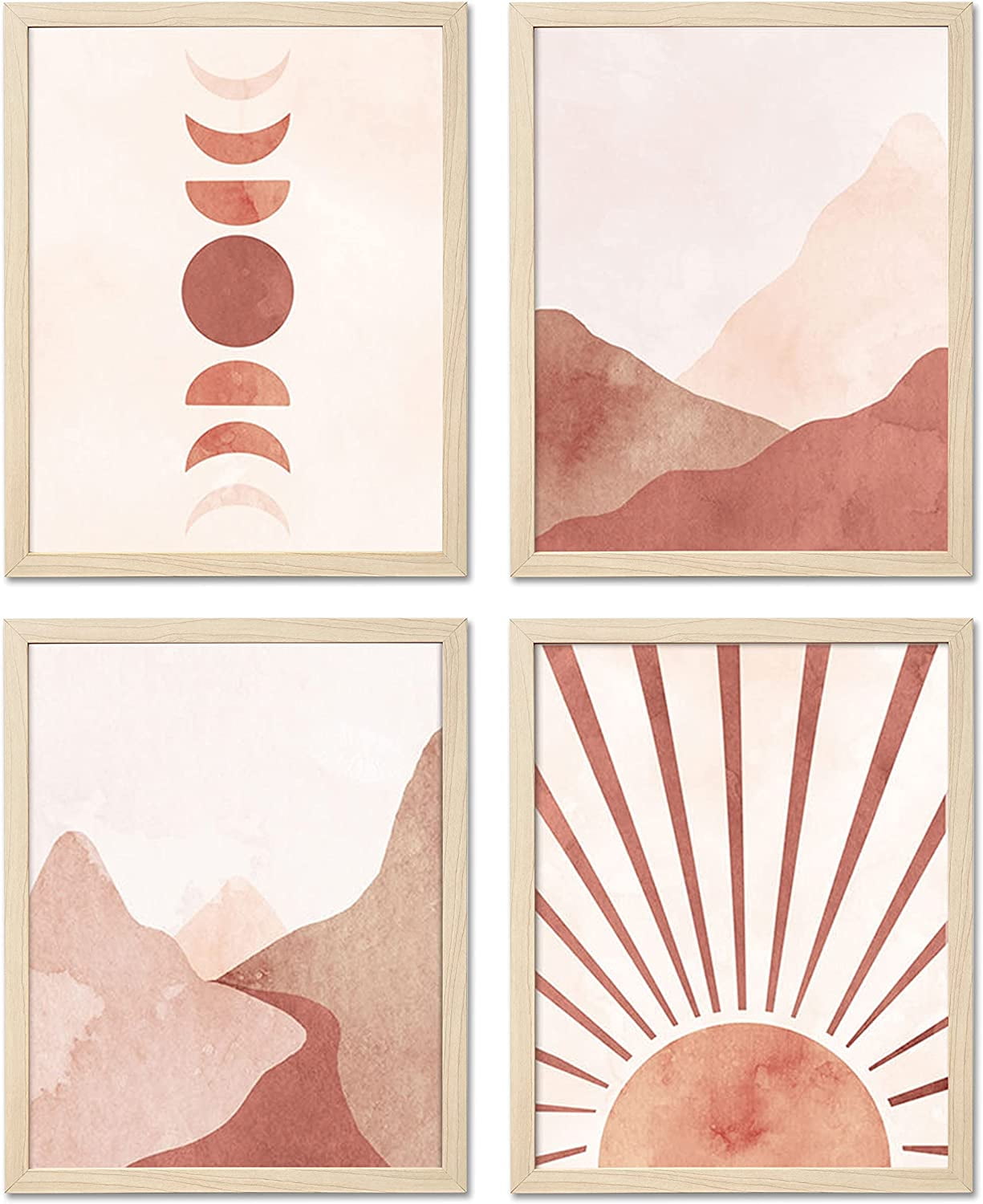 ArtbyHannah 4 Pack 11x14 inch Boho Framed Wall Art Set with Light Wood