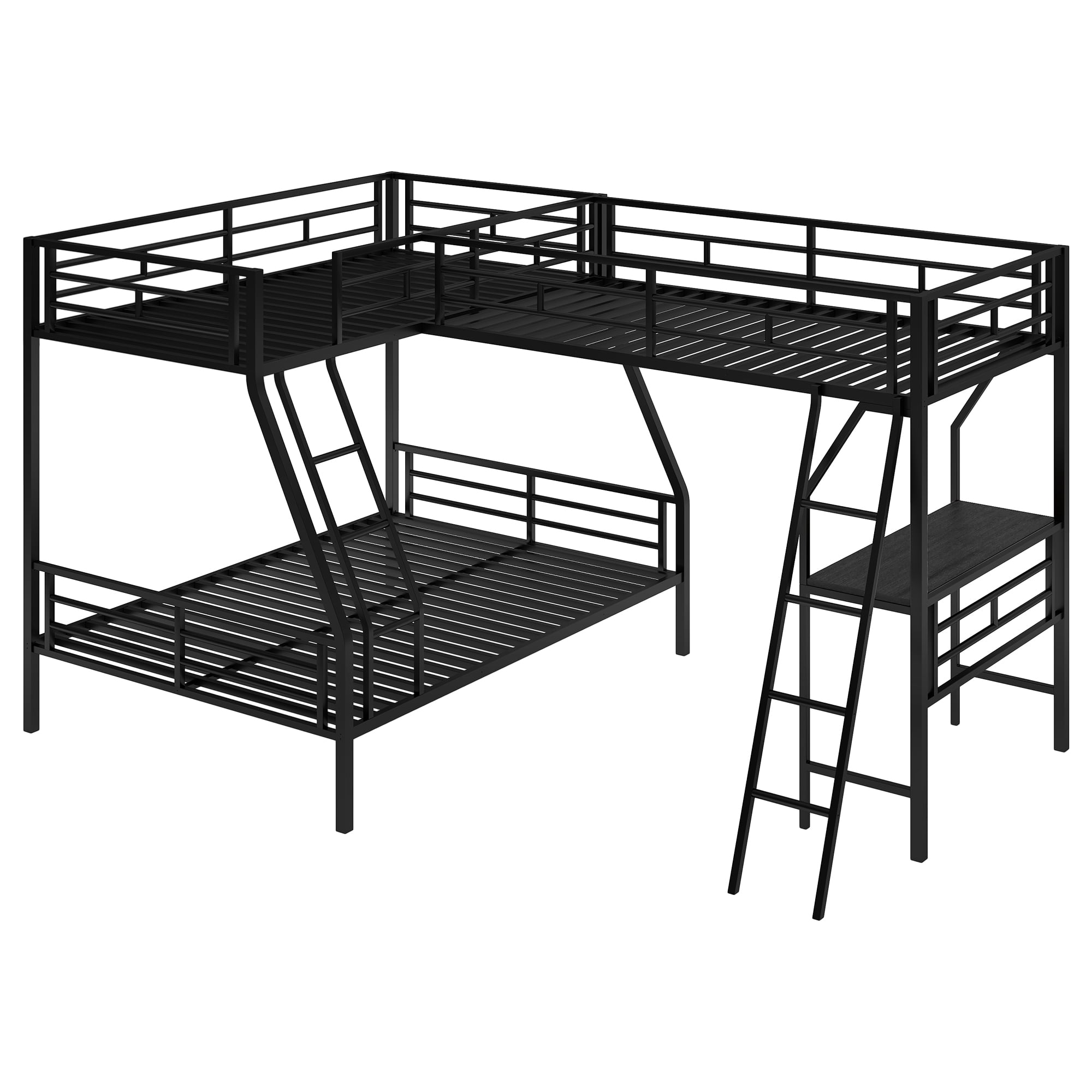 Aukfa Twin-Over-Full Metal L-Shaped Triple Bunk Bed with a Twin Loft Bed and Desk for 3 Kids Teens - Black
