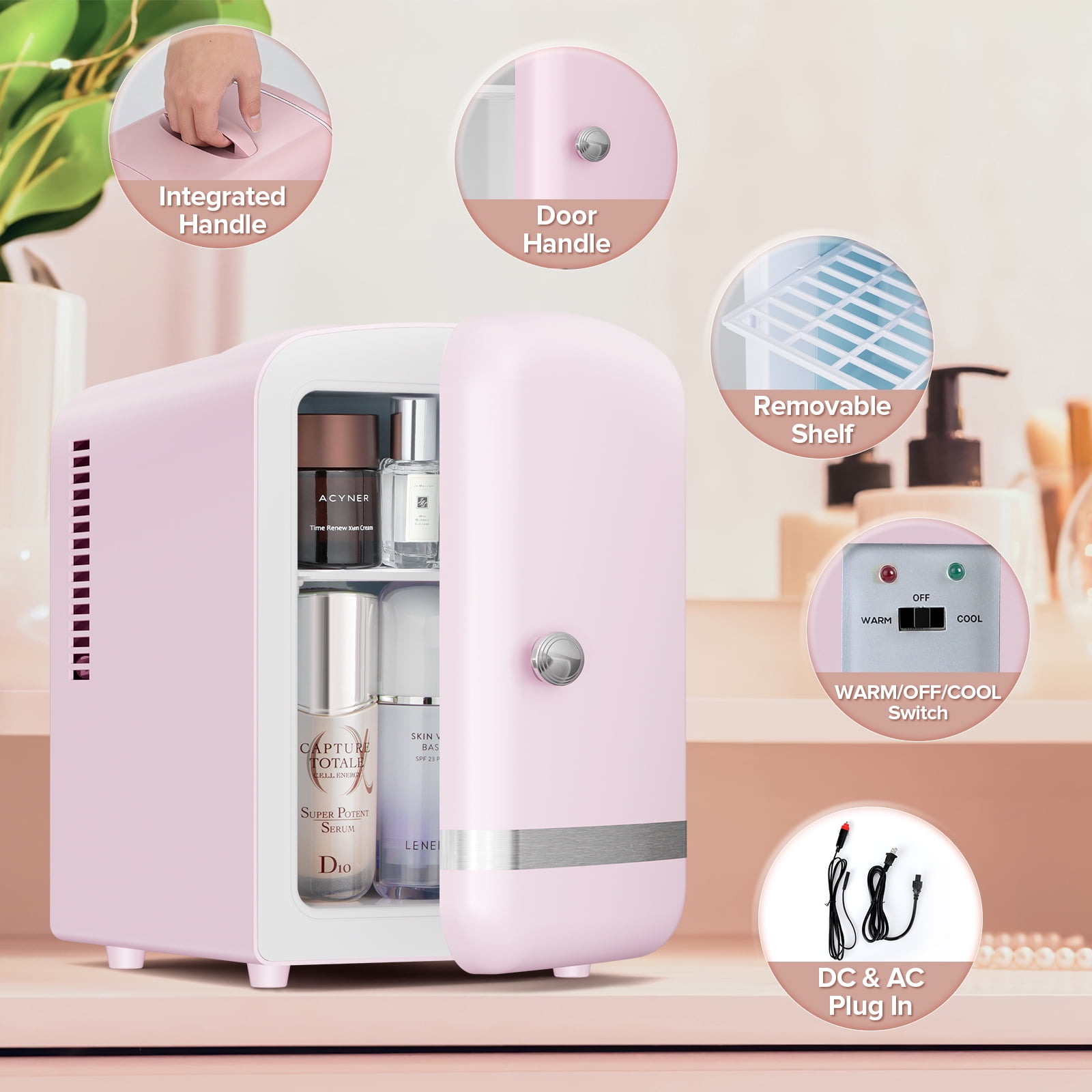 Auseo Mini Fridge Personal Beauty Refrigerator, 4 Liter, Includes Plugs for Home Outlet & DC Charger, Dorm, Bedroom, Table Top Beverage Cooler for Drinks, Soda, Wine - Pink