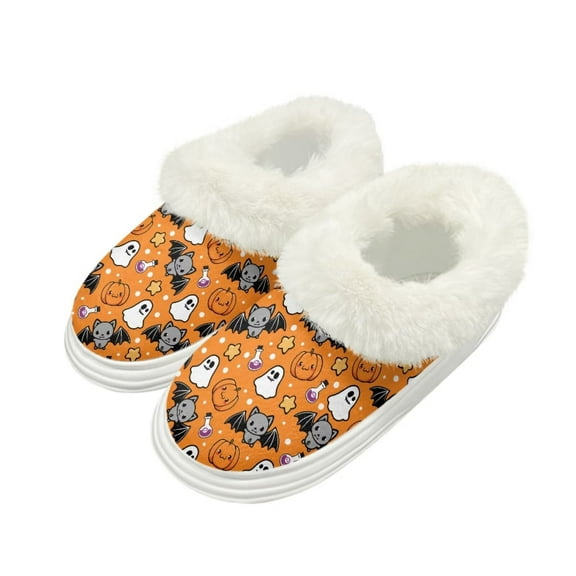 POLERO Cartoon Bat Pumpkin Print Thick Sole House Slippers for Women Men Soft Fluffy Fuzzy Slippers Comfortable Slip On Bedroom Shoes, Size 4-5