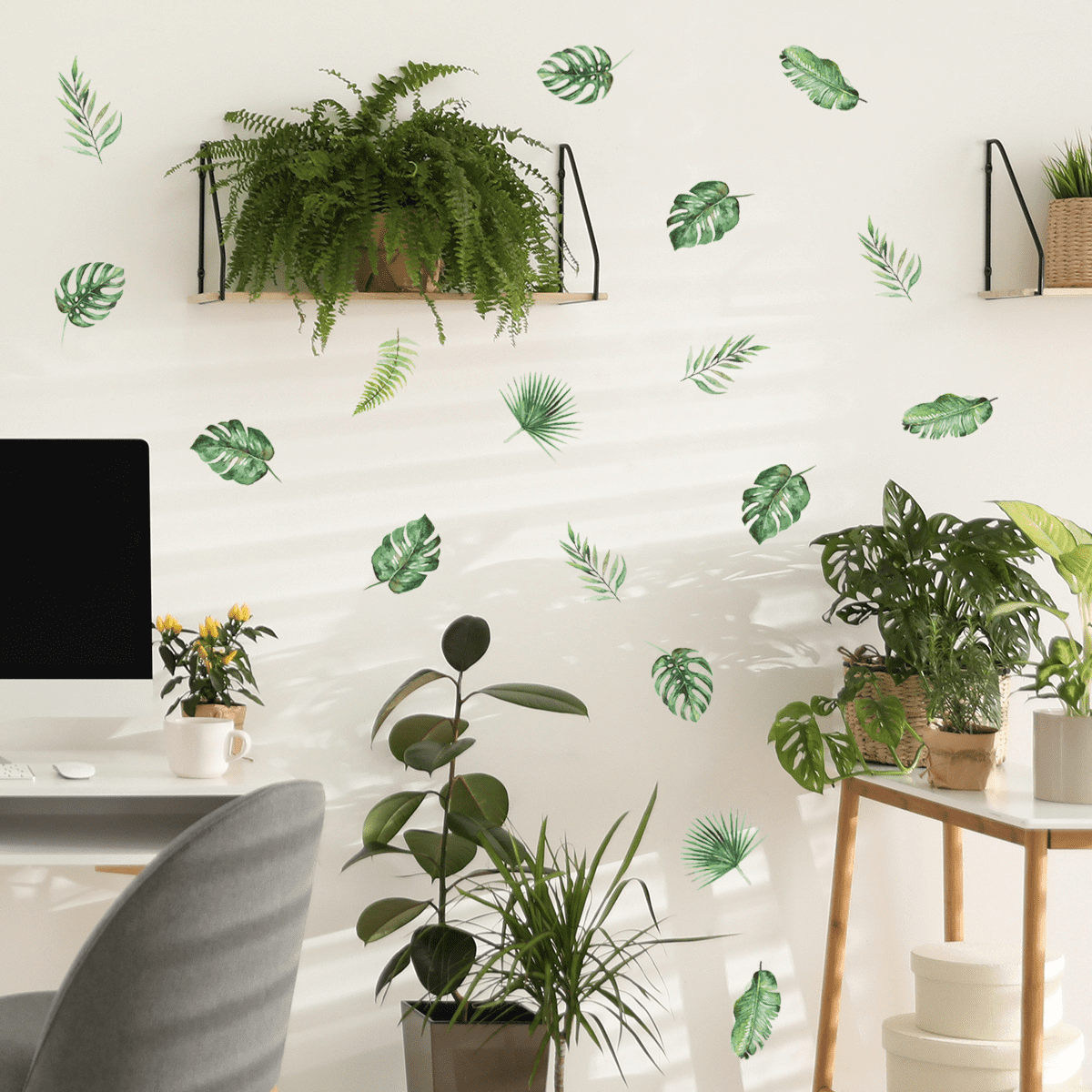 Green Leaf Wall Decal, Watercolor Leaves Wall Sticker, Peel and Sticker