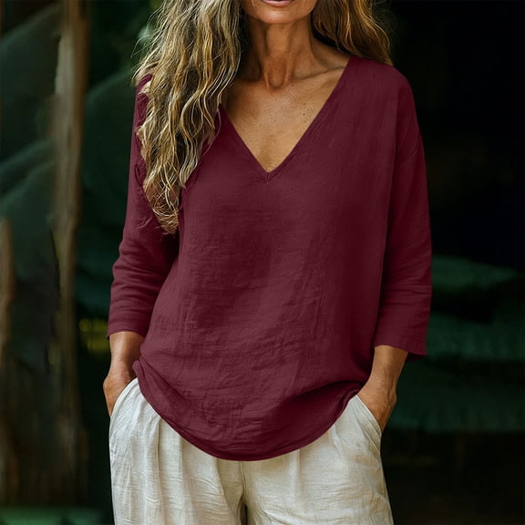 Xdegoge 3/4 Sleeve Cotton Linen Blouses for Women V Neck Relaxed Fit Tunic Tops Casual Flowy Shirts Lightweight Breathable Fashion Summer Spring Clothing Textured Tops