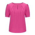thumbnail image 4 of Lovskoo Summer Tops for Women 2024 Round Neck Short Sleeve Casual Tops Keyhole Blouses Pleated Puff Sleeve Solid Color Top Hot Pink, 4 of 9