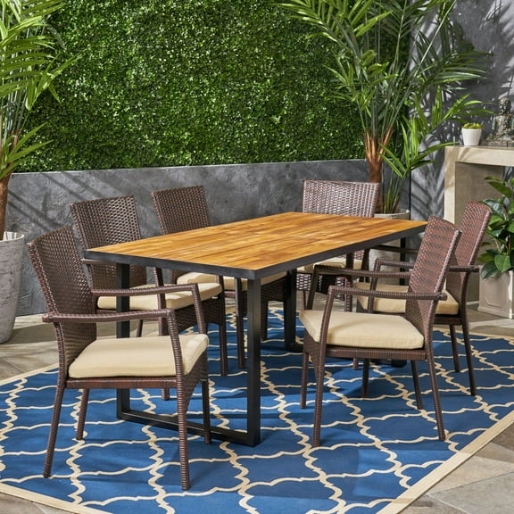 Noble House Powell 7 Piece Wood Top Patio Dining Set in Teak and Brown