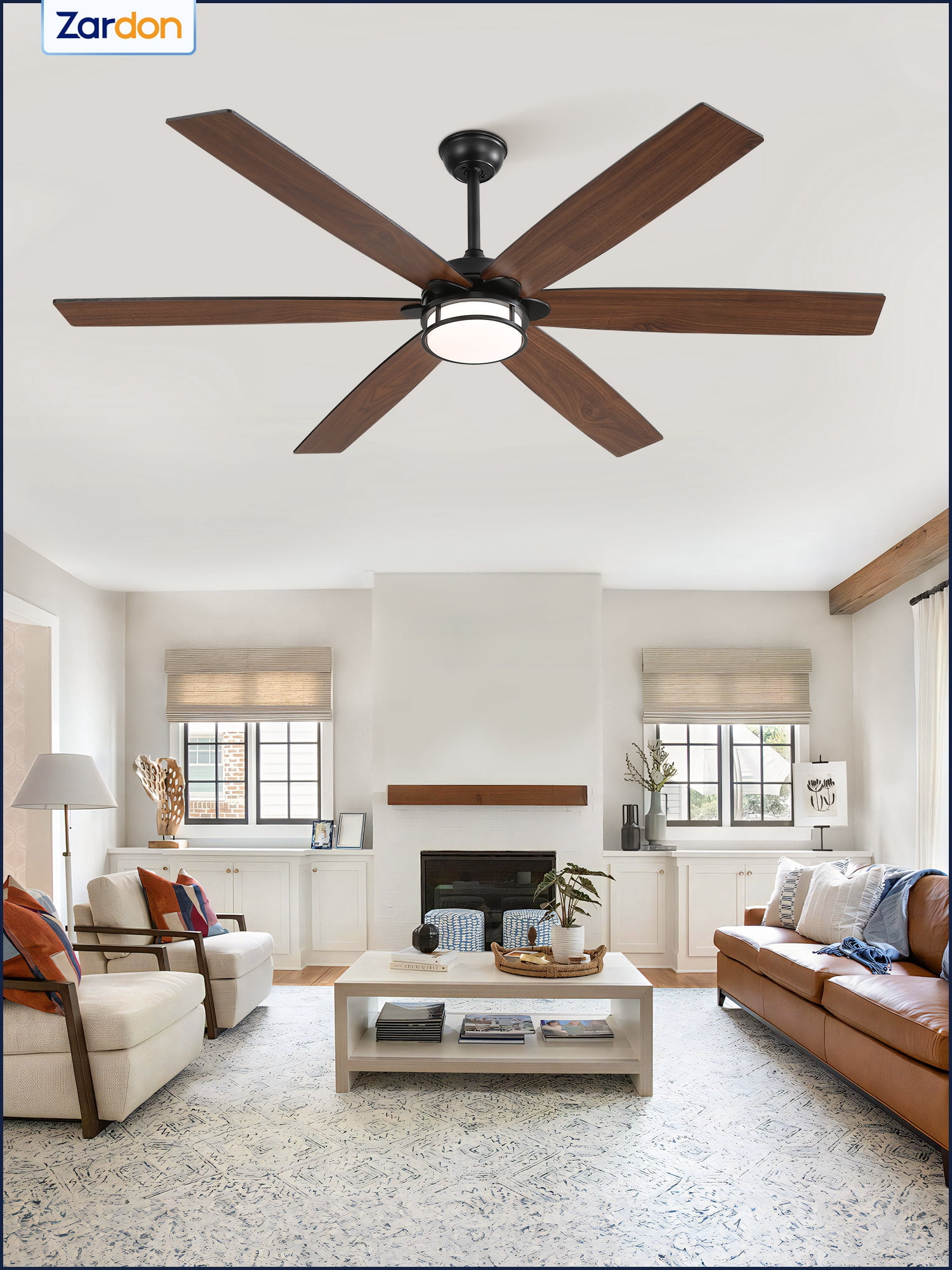 Zardon 65in Ceiling Fans with Light and Remote Control, Large Farmhouse Ceiling Fans with Reversible 6-Speed for Indoor, Black