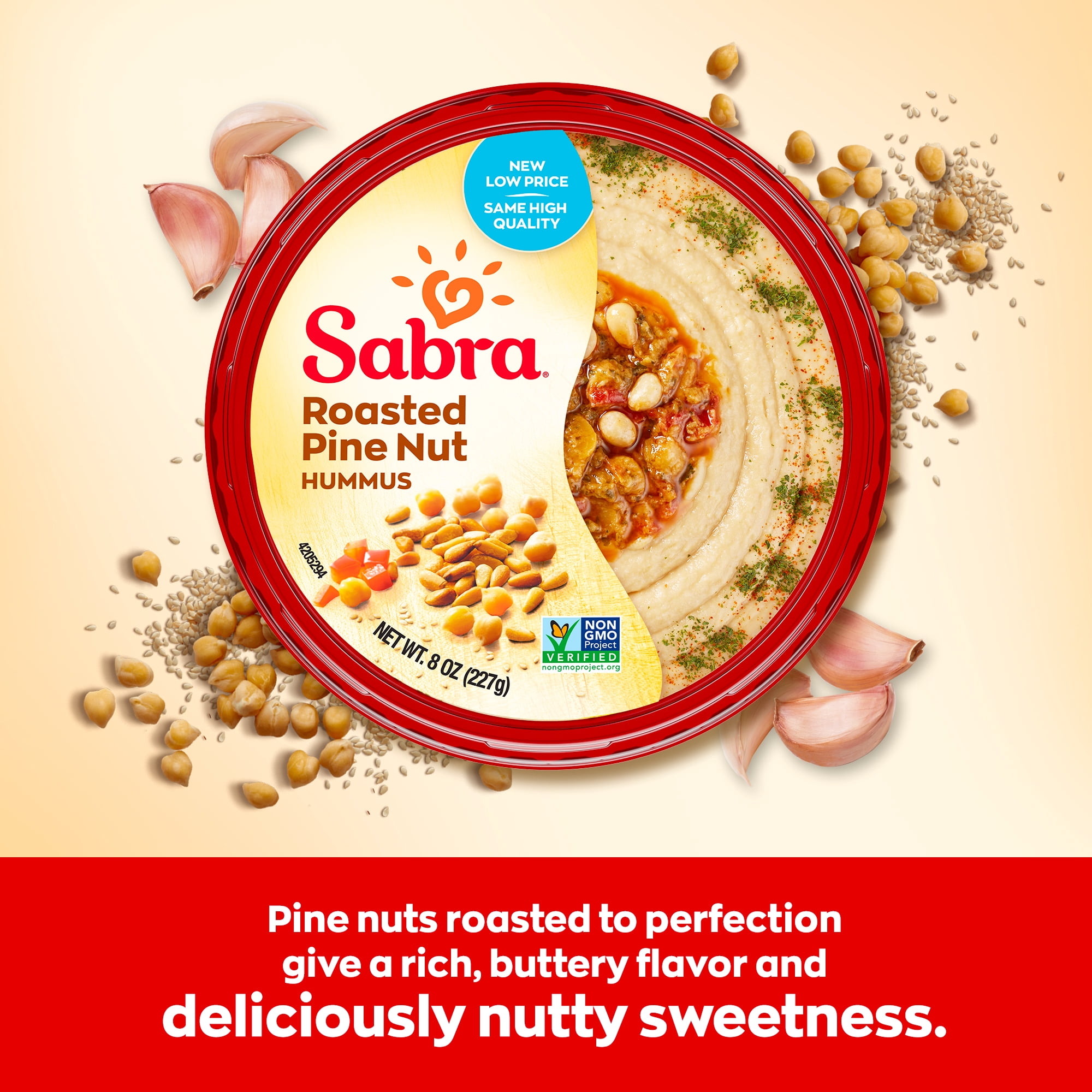 Sabra Roasted Pine Nut Fresh Hummus Dip, Non-GMO, Gluten Free, Vegan Hummus Spread, 8oz Tub