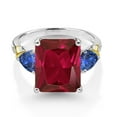 thumbnail image 3 of Gem Stone King 925 Silver and 10K Yellow Gold Red Created Ruby Blue Created Sapphire and Diamond 3 Stone Ring for Women (6.80 Cttw, Gemstone July Birthstone, Emerald Cut 12X10MM, Size 8), 3 of 6