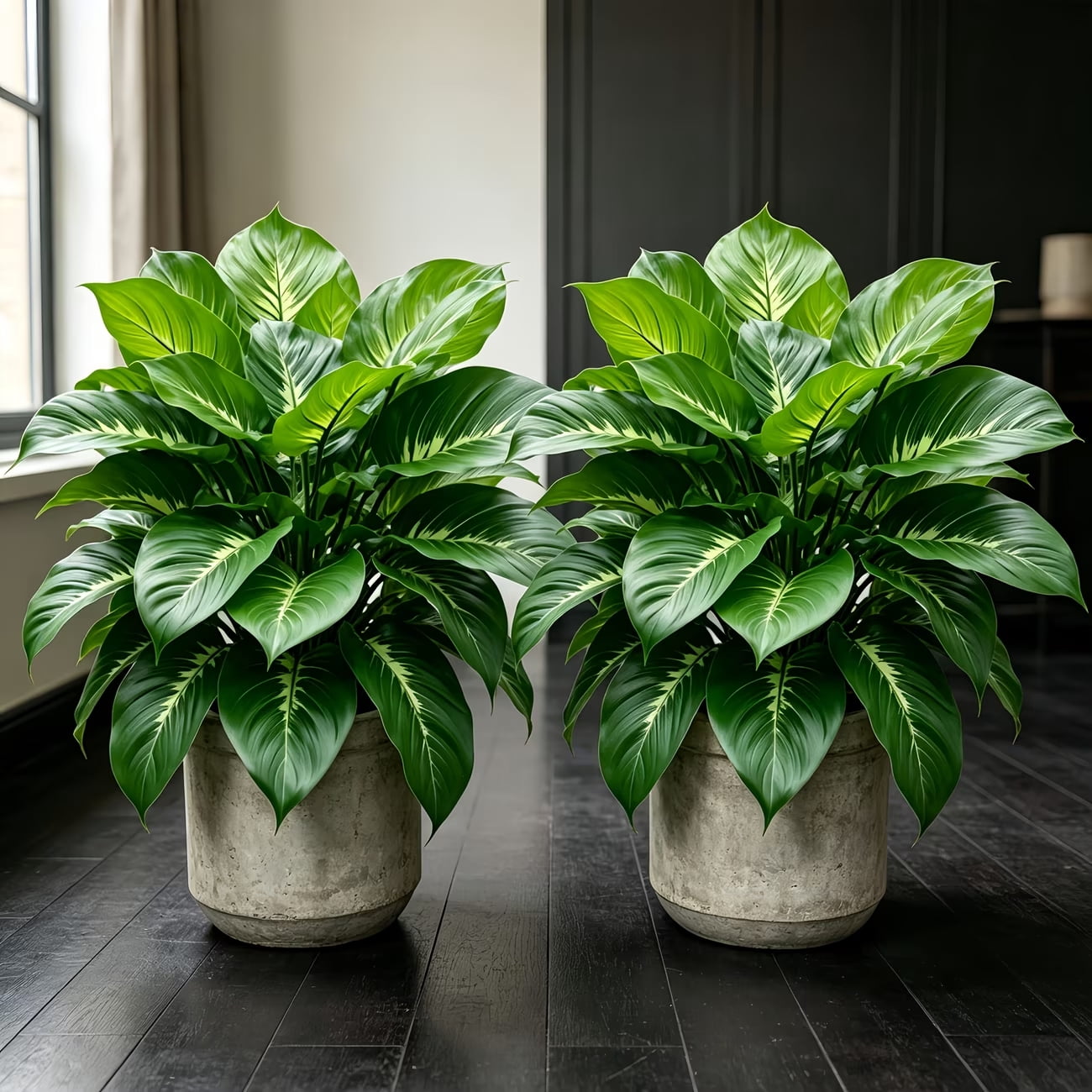 2 Large Realistic Artificial Green Plants Lifelike Tropical Style Lush Green Leaves Perfect for Indoor Outdoor Ground Decoration Home Garden Courtyard Durable Plastic Material No Maintenance Required