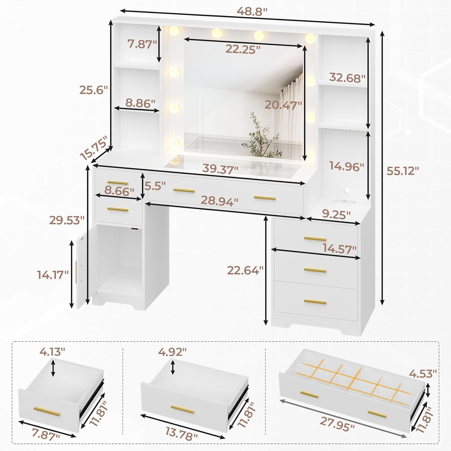 Makeup Vanity Desk with Lighted Mirror & Charging Stations & 6 Drawers, Large Vanity Table Bedroom Dressing Table with Glass Tabletop&Side Cabinet&Glass Tabletop, White