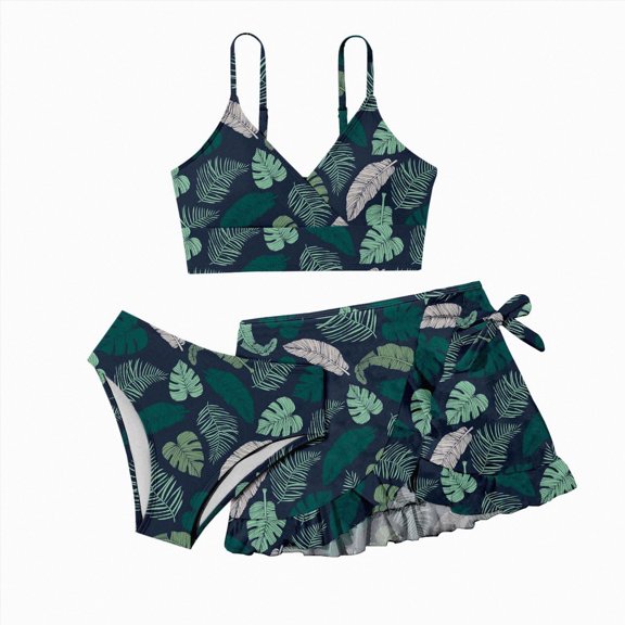 Kogui Girls Bathing Suit Girls Swimsuits 3 Piece Tankini Bathing Suit Set Cute Bikini Swimwear with Cover Ups Beach Skirt Size 10-11 (Dark Green,10-11 Years)