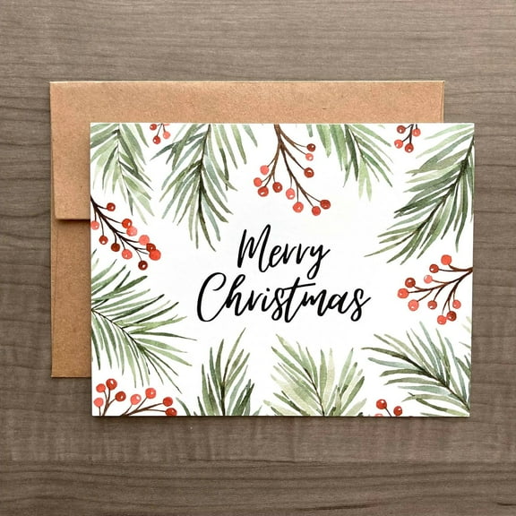 Merry Christmas Card with Watercolor Pine and Berry Design – Festive Greeting Card with Envelope – Perfect for Holiday Wishes and Season's Greetings