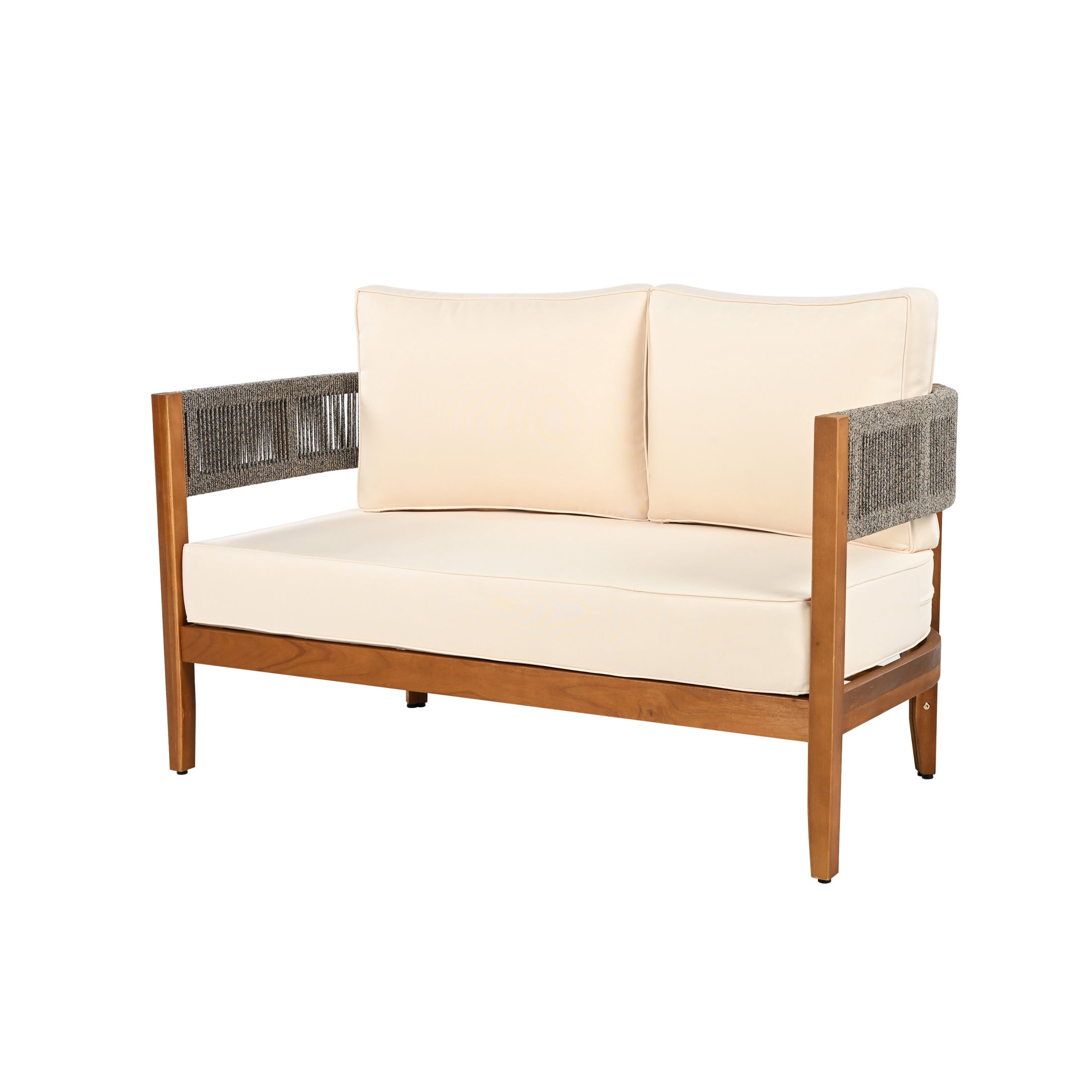 Christopher Knight Home 2-Piece Patio Furniture Set, Acacia Wood Tub Loveseat with Woven Rope Table and Beige Cushions, Weather-Resistant, Teak