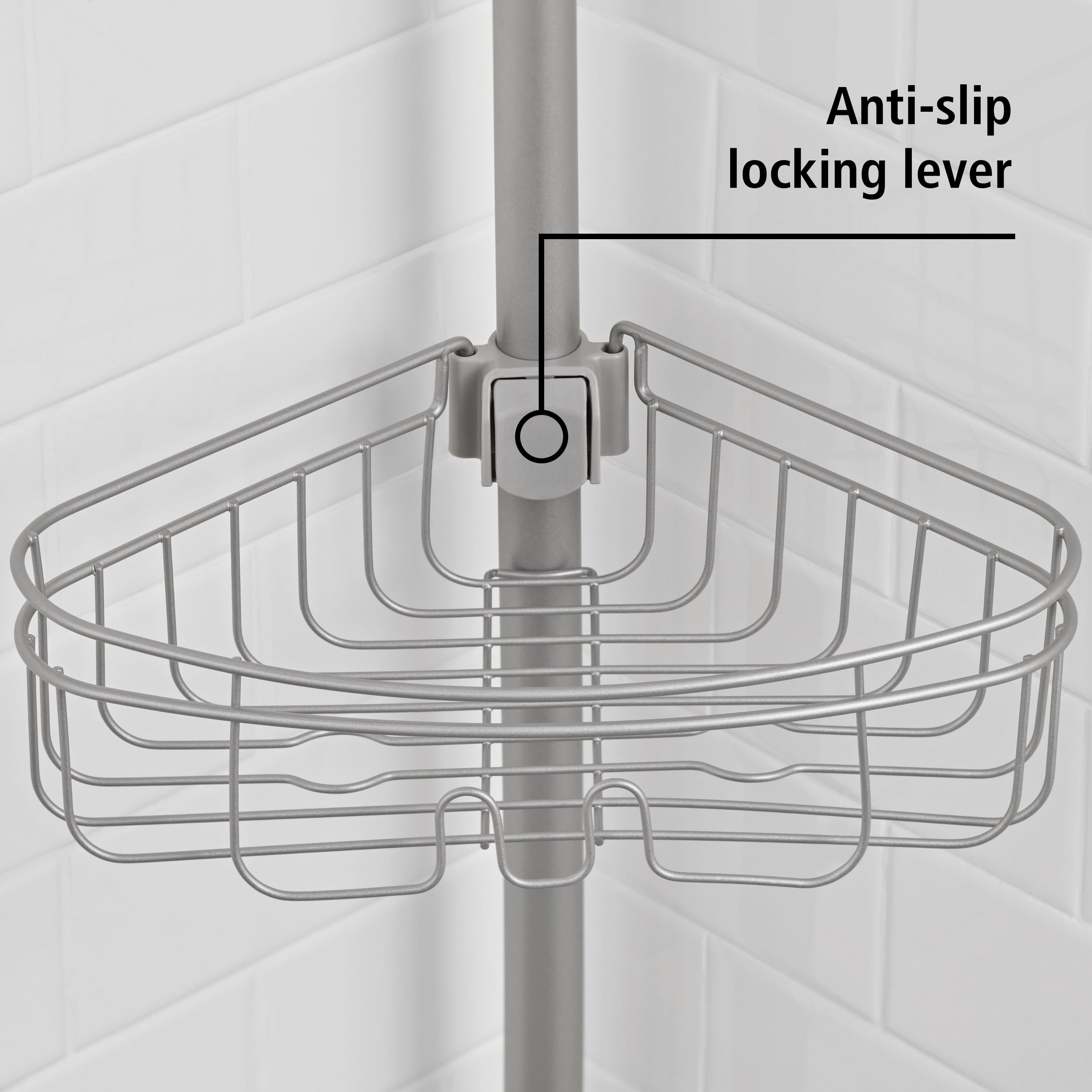 Mainstays Tension Rod Shower Caddy, Rust-Resistant 3 Tier Corner Pole Caddy, 5 - 8 ft, Satin Nickel