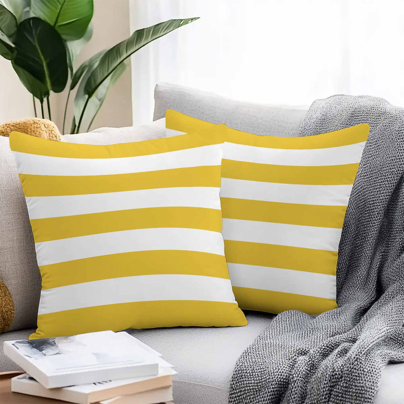 Outdoor Waterproof Throw Pillow Covers Set of 2 Yellow White Stripe Decorative Pillowcases Square Outdoor Pillows Cushion Case 18x18 Inch Simple Style Striped Patio Pillows for Couch Sofa Bed Garden