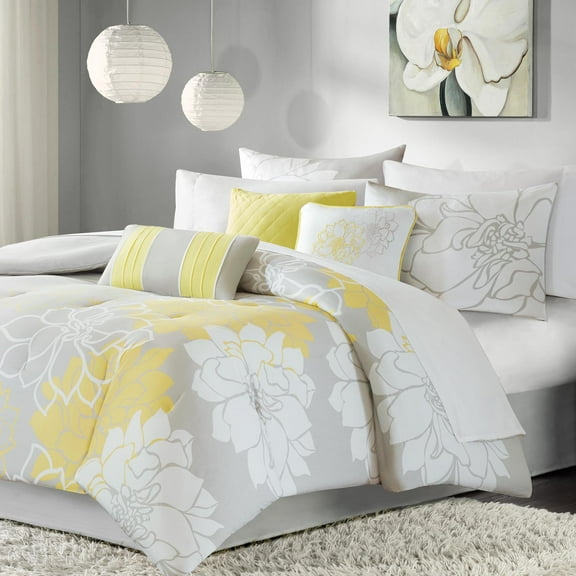 Izzovium Queen Comforter Set Taupe Grey/Yellow Printed Cotton Sateen with Bedskirt & Decorative Pillows