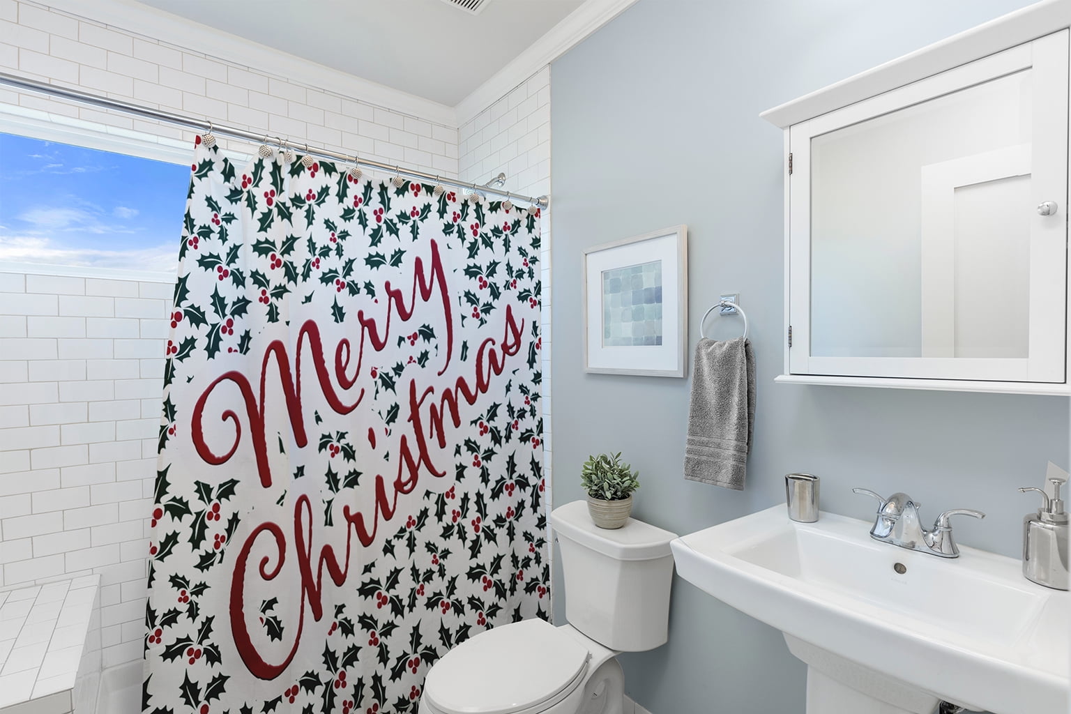 Simply Daisy 70" W x 73" L Merry Christmas with Holly Polyester Shower Curtain, Christmas Green [1 Ct]