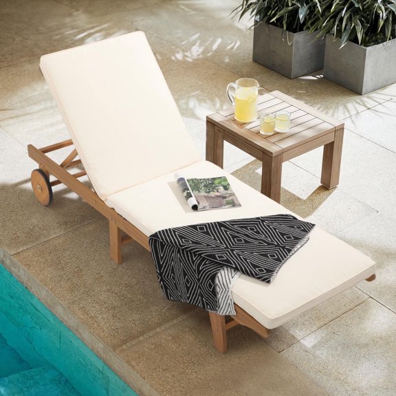JOIVI Outdoor Lounge Chair, Acacia Wood Chaise Lounge, Foldable Recliner Chair with Wheels & Padded Cushion, Adjustable Backrest, Beige