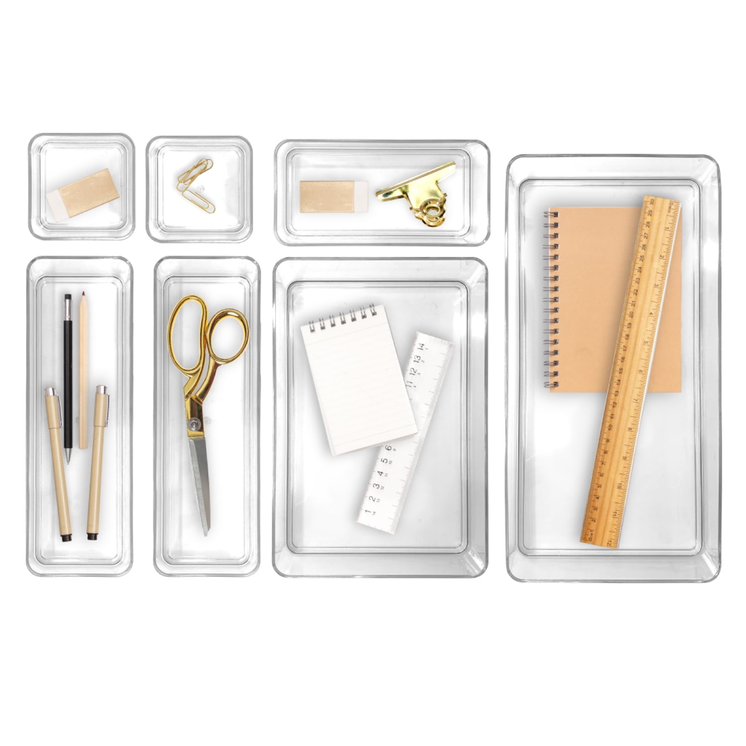 Isaac Jacobs Clear Stackable Drawer Organizer Set, 7-Piece – Multi-Size Plastic Storage Bins for Kitchen, Bathroom, Vanity, Office, and Home Organization